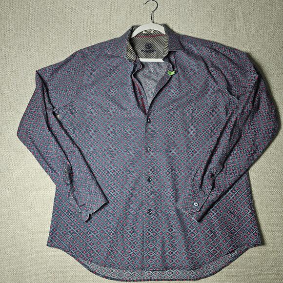 Bugatchi Mini Print Collared Button Up Blue Red Contrast Cuffs 100% Cotton - Picture 9 of 16